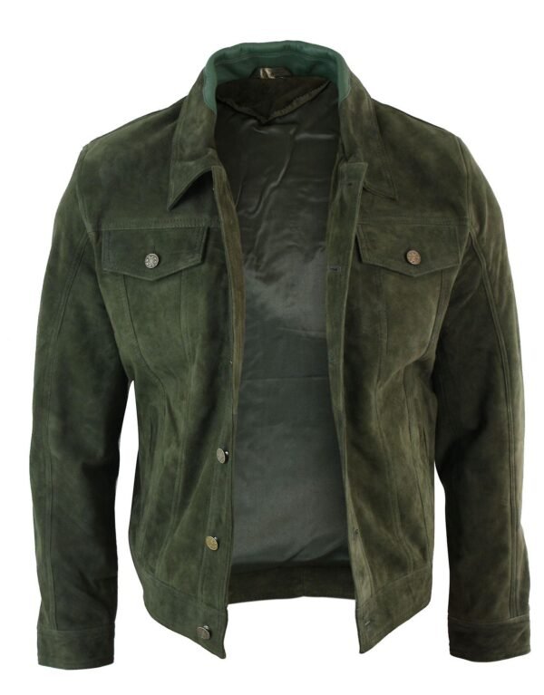 Mens Olive Green Suede Trucker Jacket