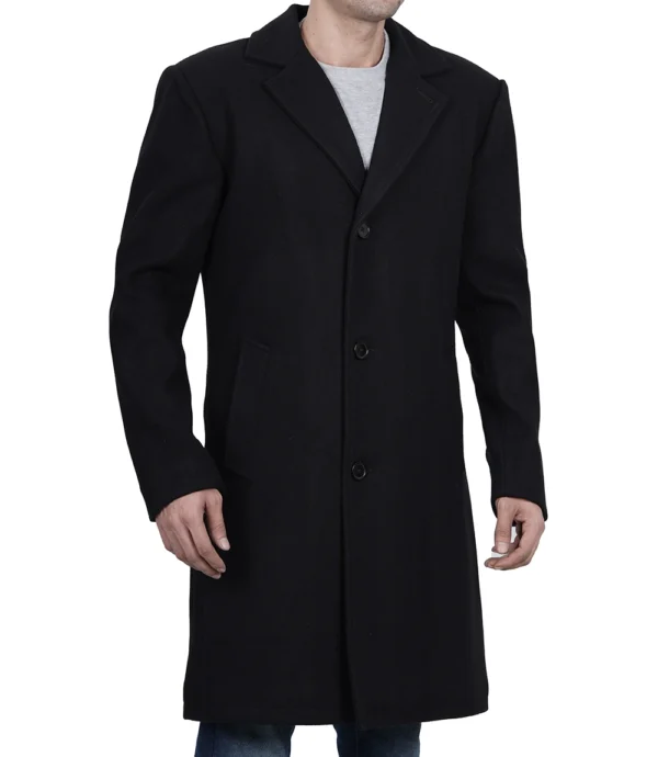 Mens Single Breasted Black Wool Coat