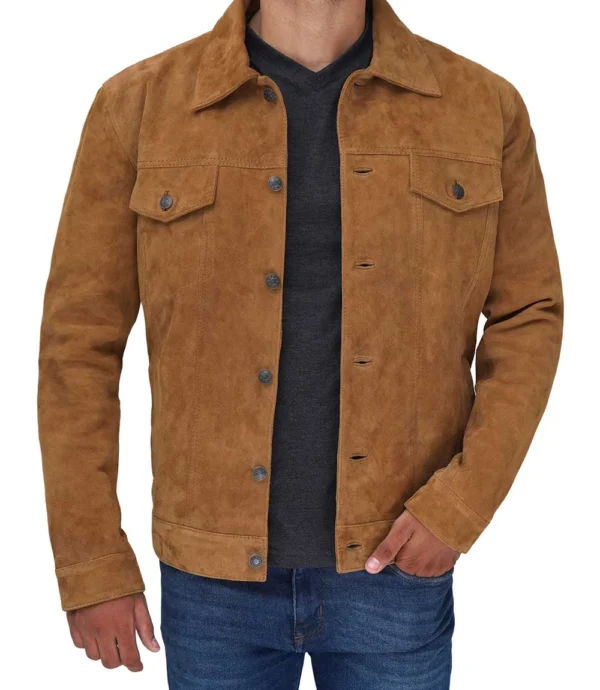 Men Tan Trucker Suede Jacket