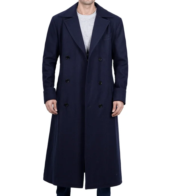 Men Blue Double Breasted Long Wool Coat