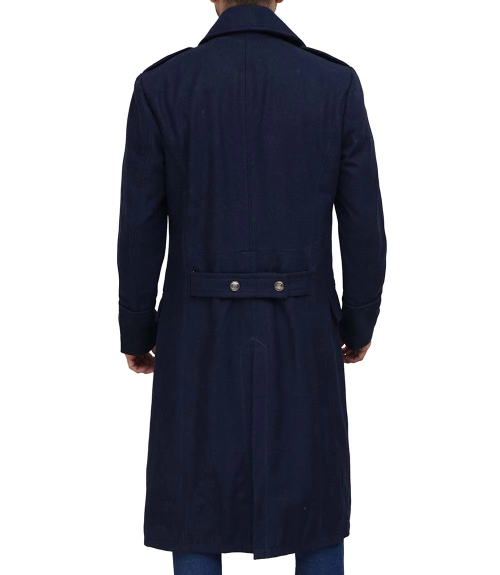 Men Double Breasted Navy Blue Wool Overcoat
