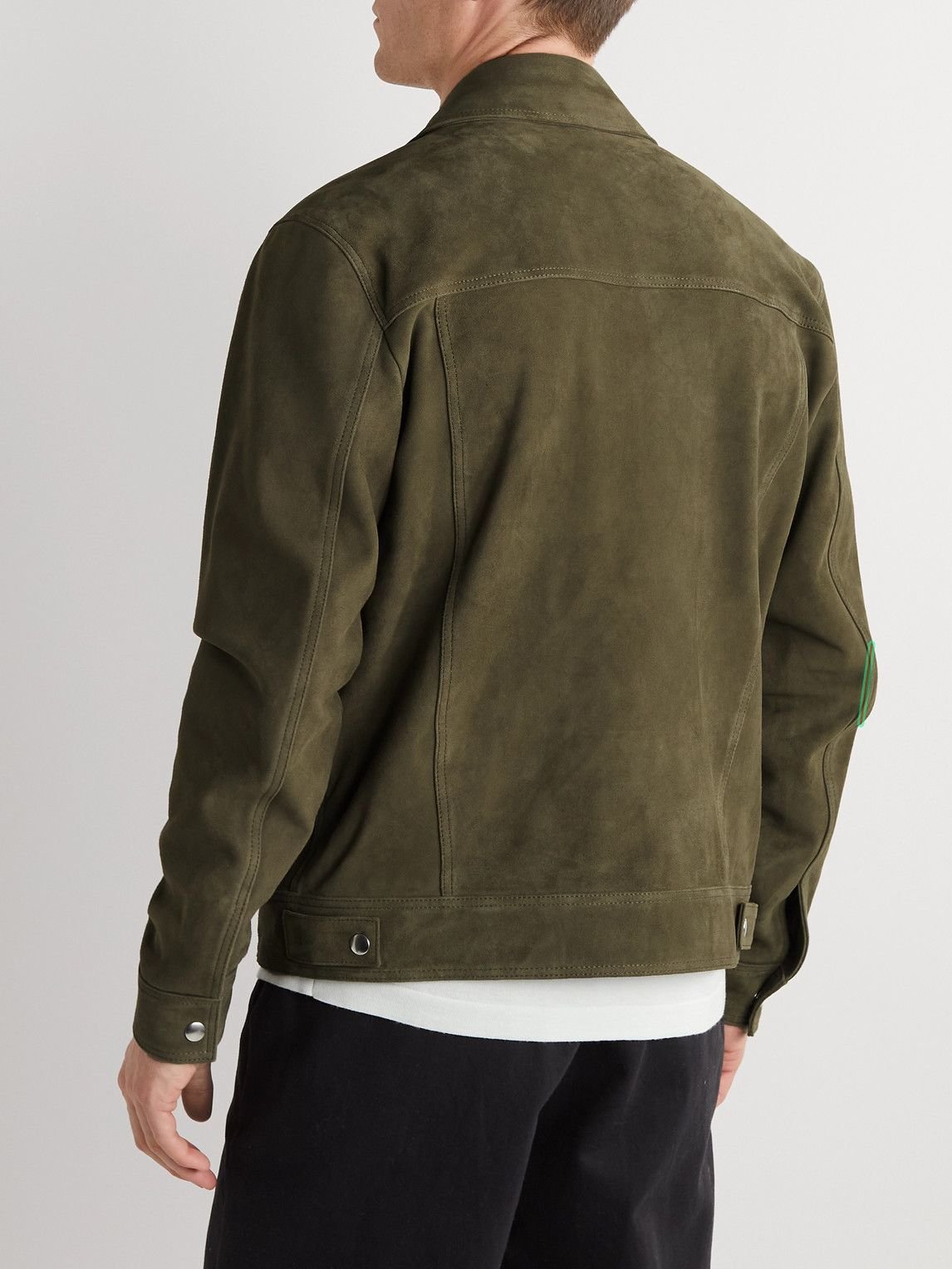 Mens Army Green Suede Leather Trucker Jacket