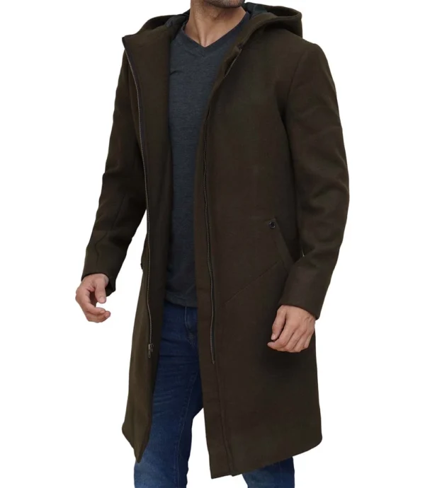 Men Olive Green Long Wool Coat With Attached Hood