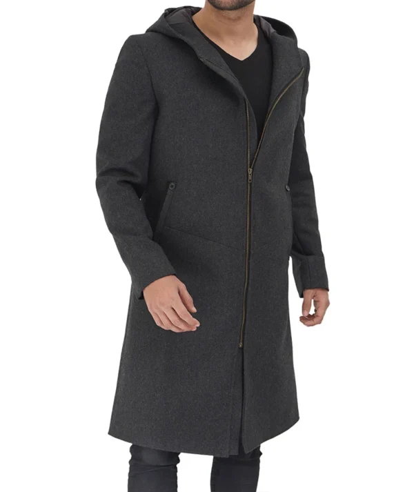 Mens Grey Wool Hood Coat