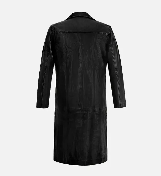 Mens Classic Black Leather Long Coat