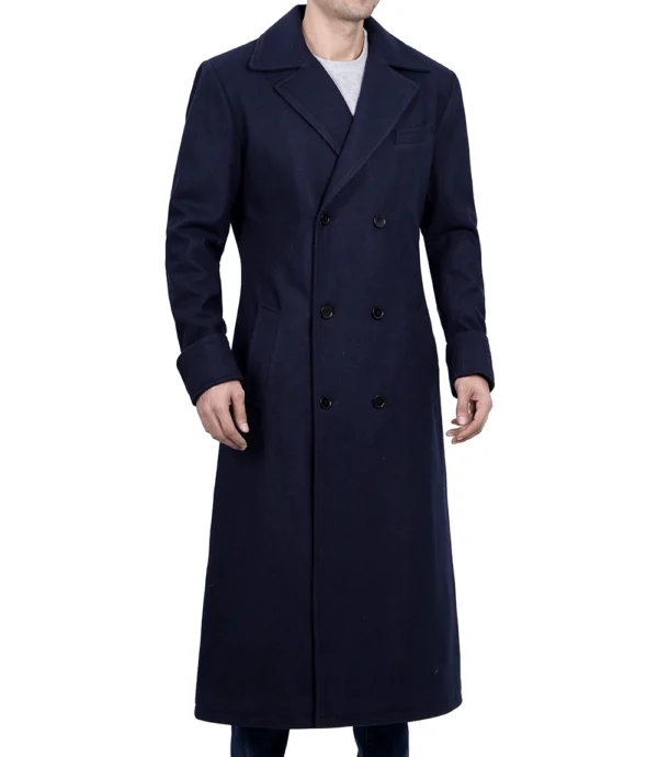 Men Blue Double Breasted Long Wool Coat