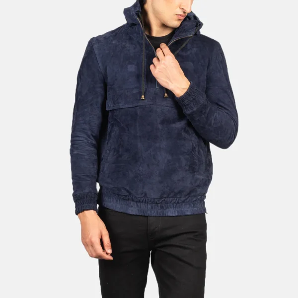 Mens Kenton Hooded Blue Suede Jacket
