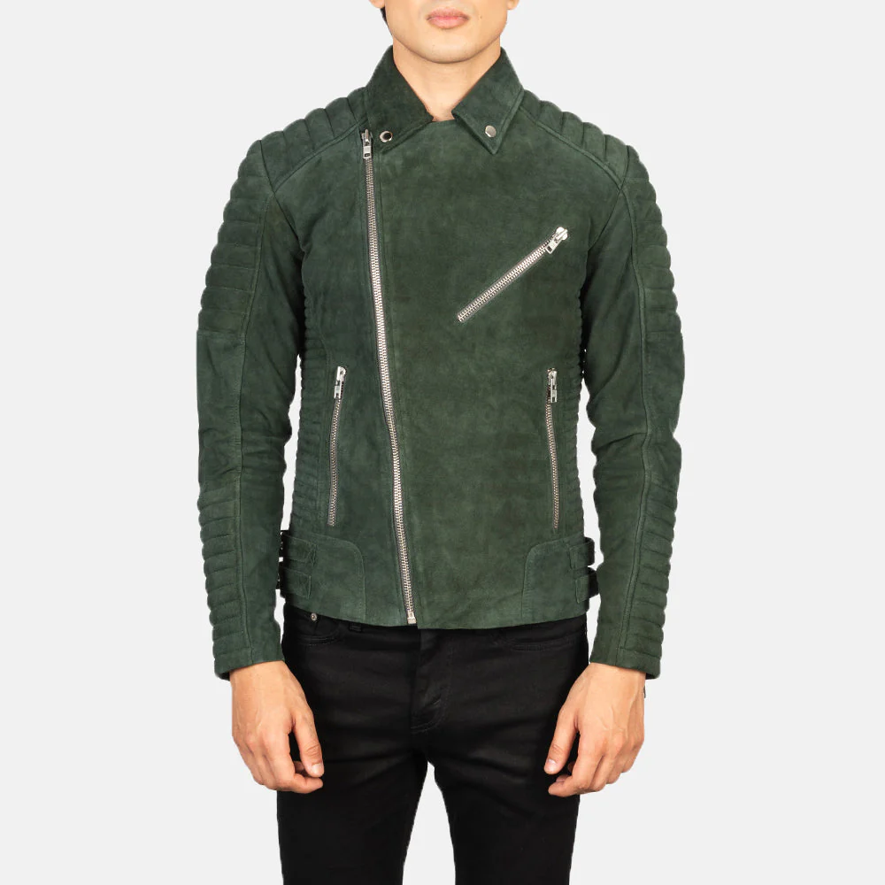 Men Green Suede Biker Jacket
