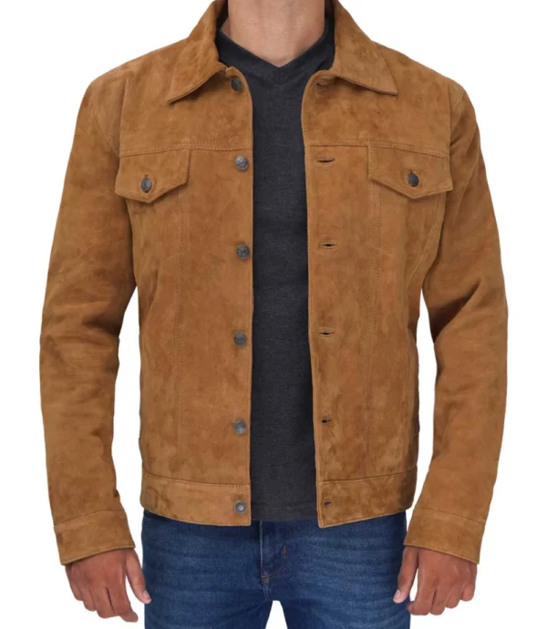 Men Tan Trucker Suede Jacket