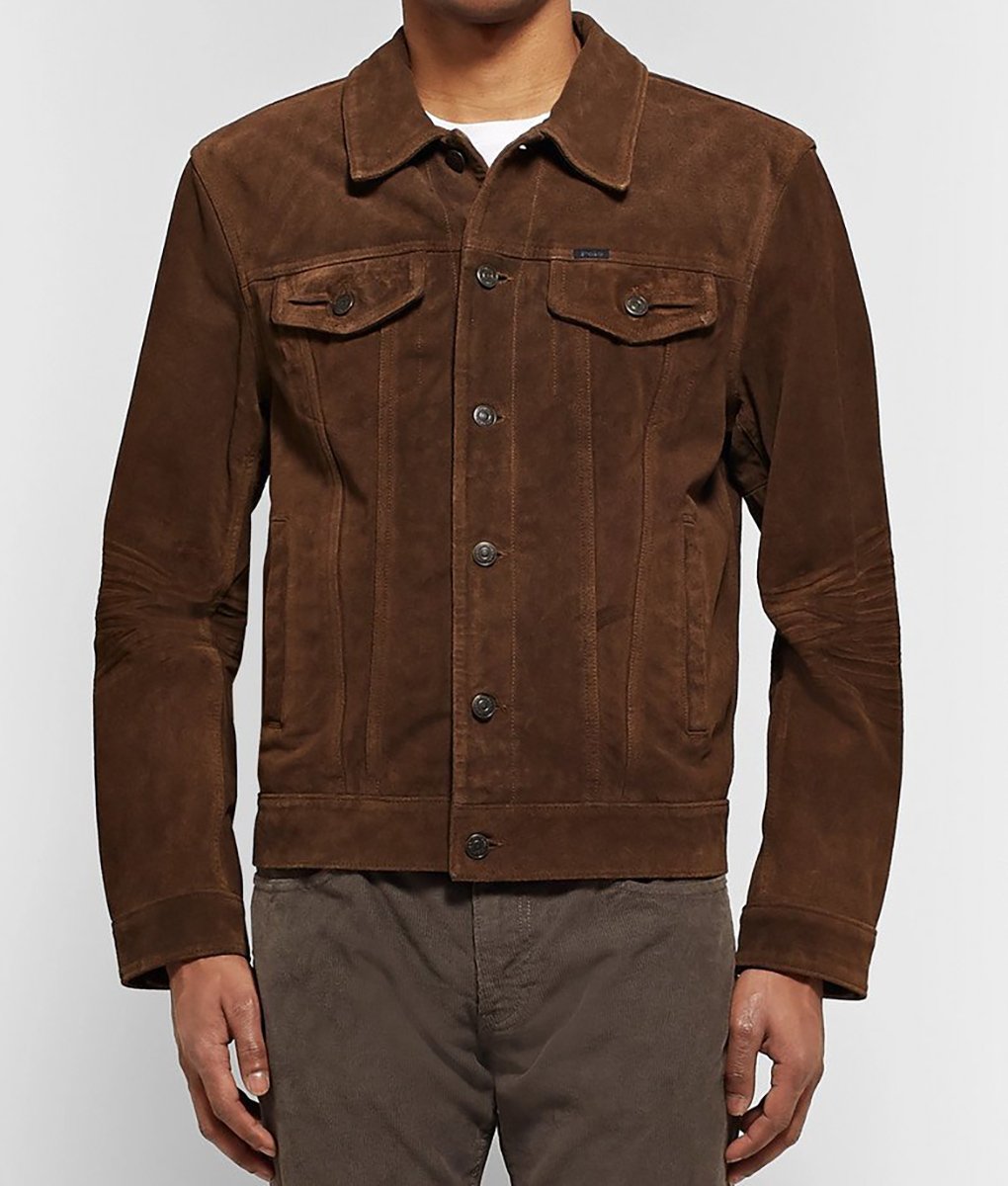 Mens Dark Brown Suede Trucker Jacket