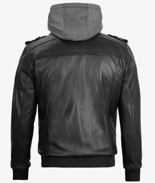 Men Tall Black Bomber Leather Jacket With Removable Hood