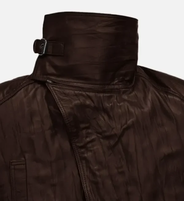 Men Wrinkled Brown Leather Long Coat