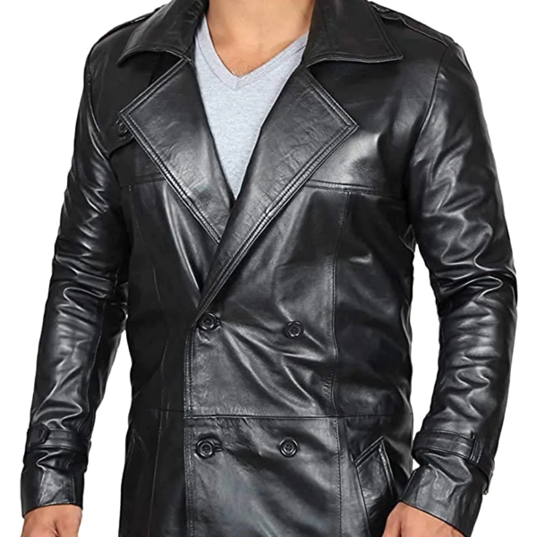 Men Black Trench Distressed Leather Coat