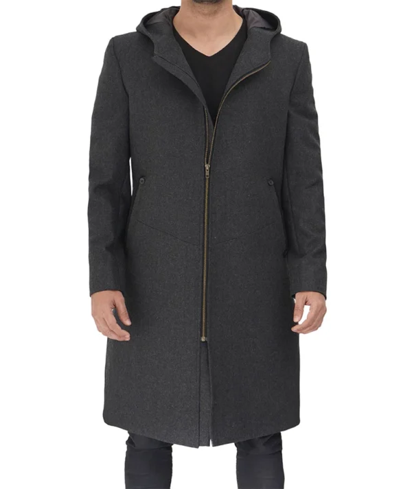 Mens Grey Wool Hood Coat