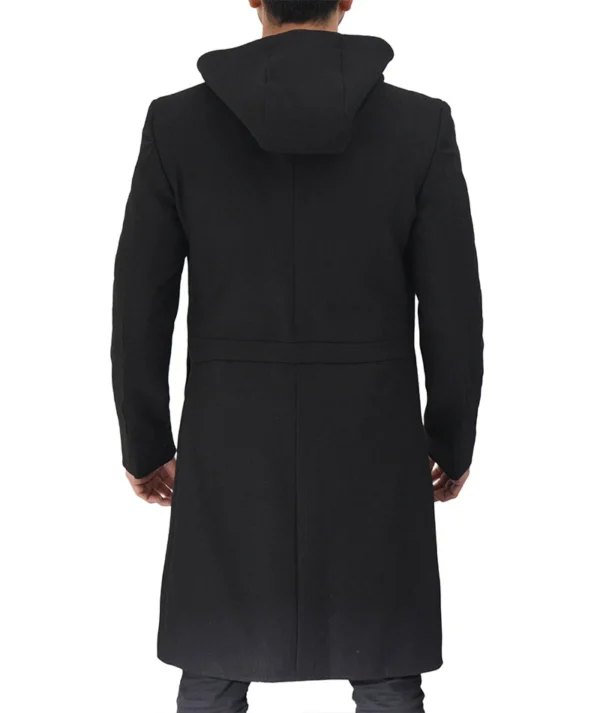 Mens Black Wool Hooded Coat