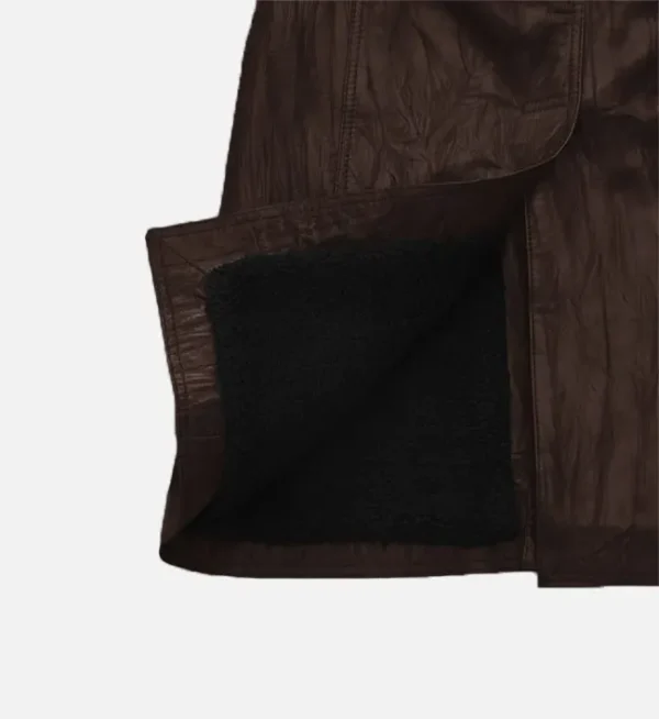 Men Wrinkled Brown Leather Long Coat