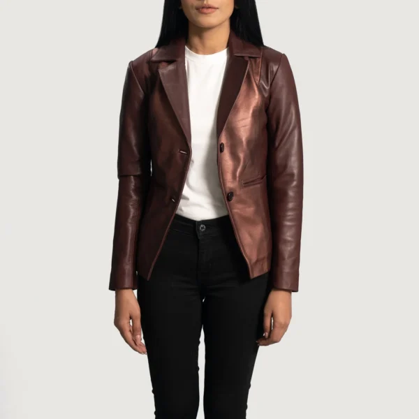 Women Ruby Metallic Maroon Leather Blazer
