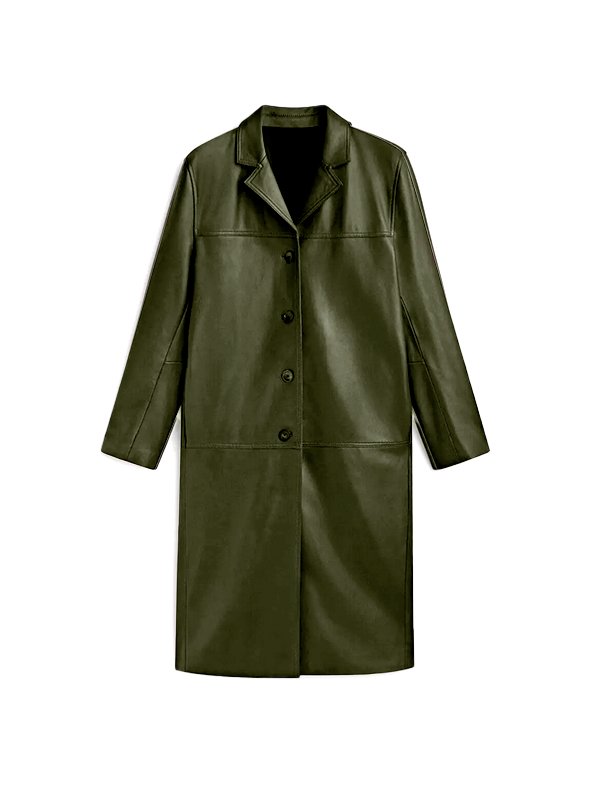 Men Military Green Leather Long Coat