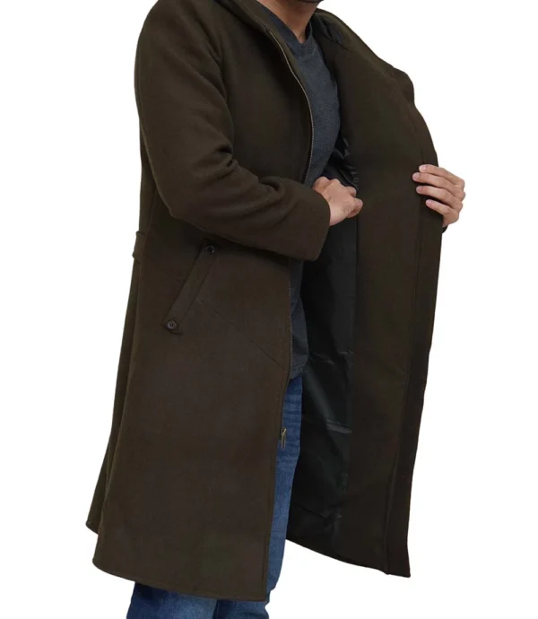 Men Olive Green Long Wool Coat With Attached Hood