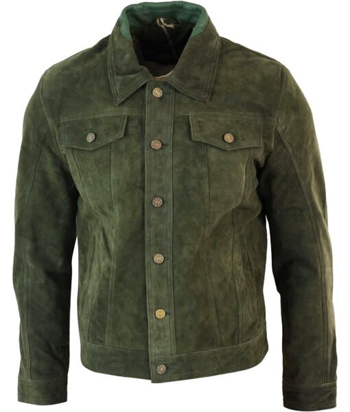 Mens Olive Green Suede Trucker Jacket