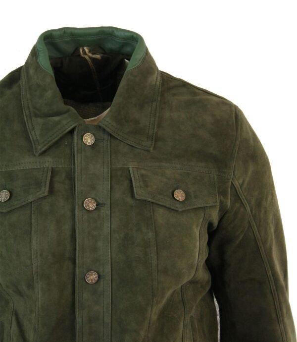 Mens Olive Green Suede Trucker Jacket