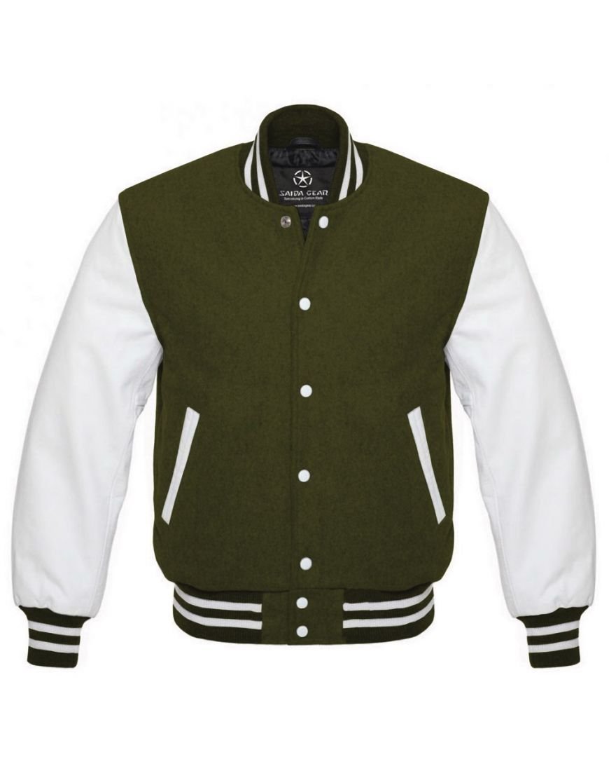Mens Olive Green And White Varsity Jacket