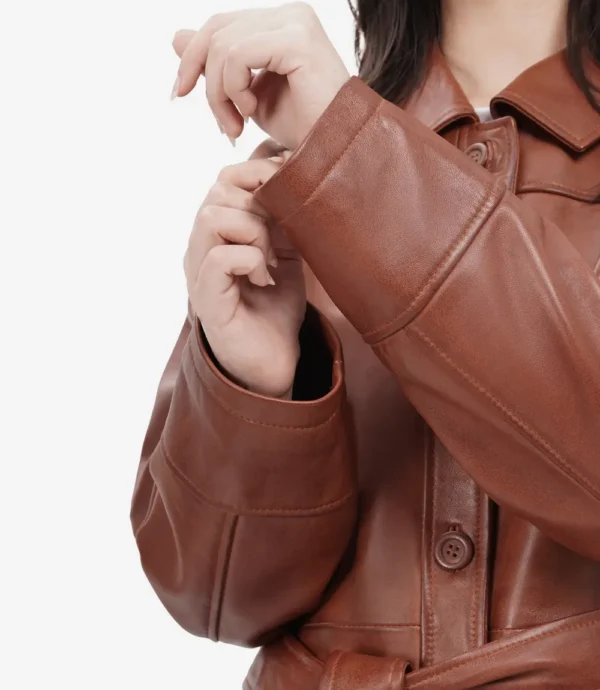Womens Long Cognac Oversized Belted Leather Jacket