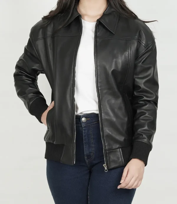 Women Shirt Collar Oversized Bomber Leather Jacket