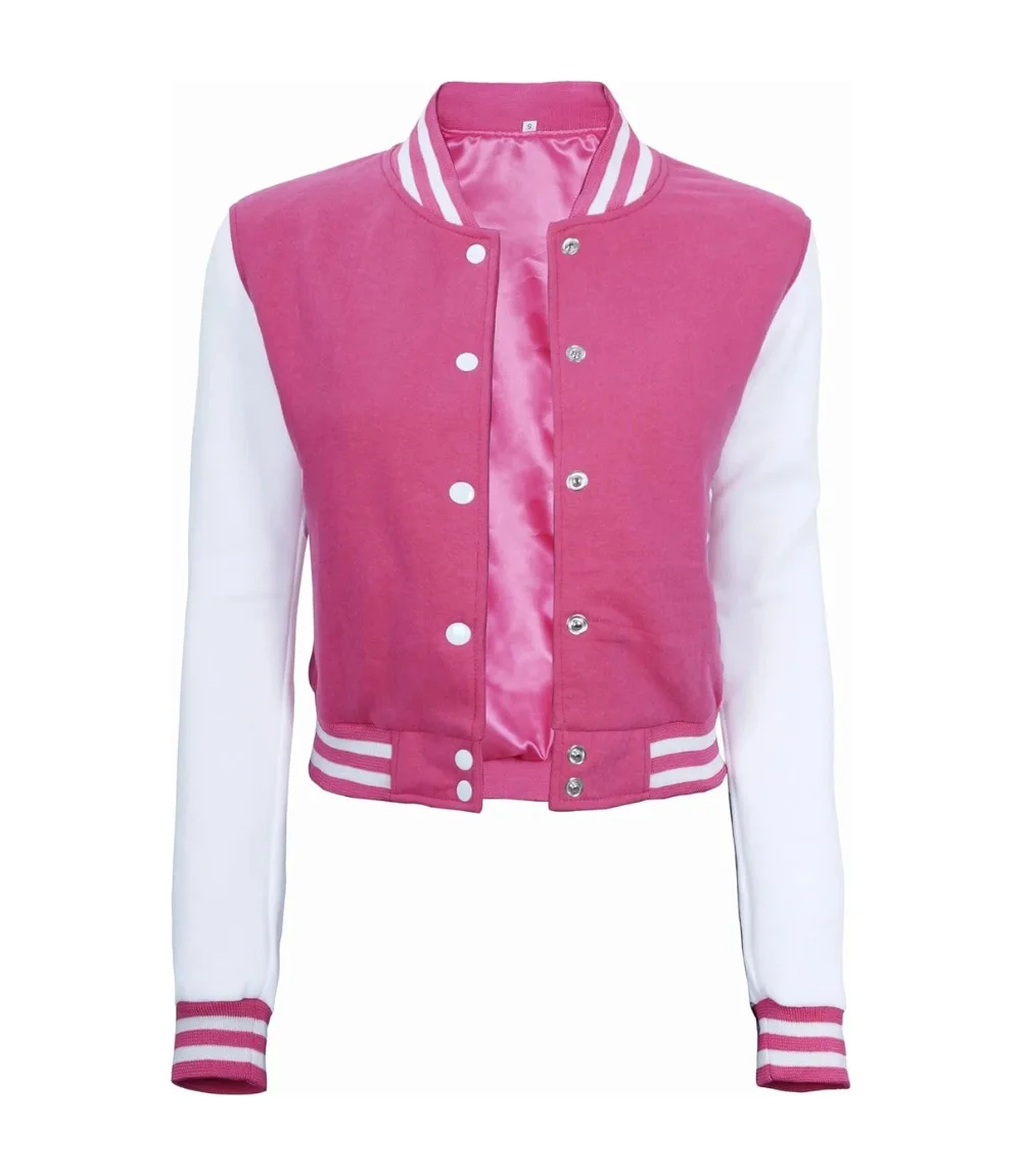 Women Pink And White Cropped Varsity Jacket