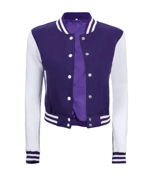Women Purple & White Cropped Varsity Jacket