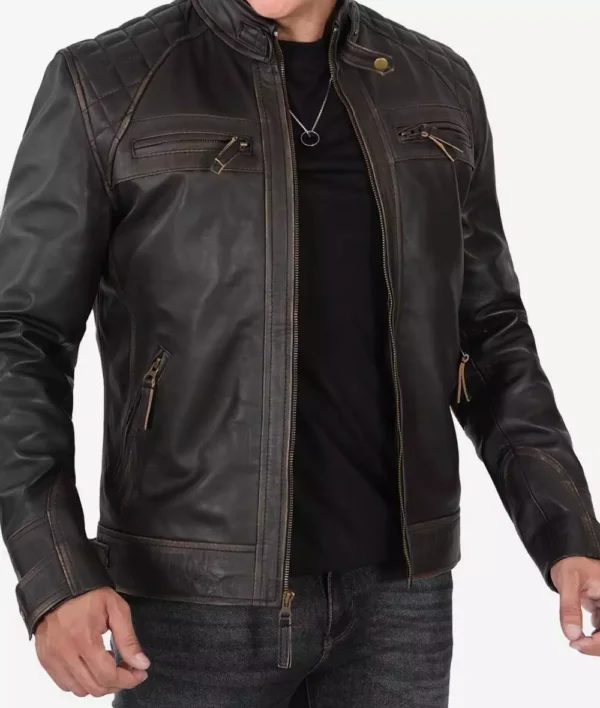 Men Tall Quilted Distressed Brown Leather Jacket