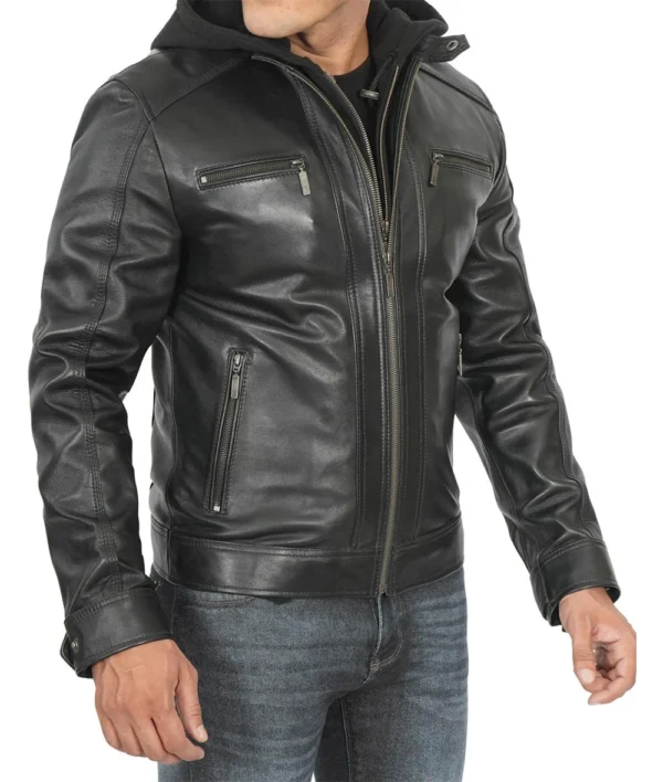 Mens Tall Black Leather Racer Jacket With Removable Hoodie