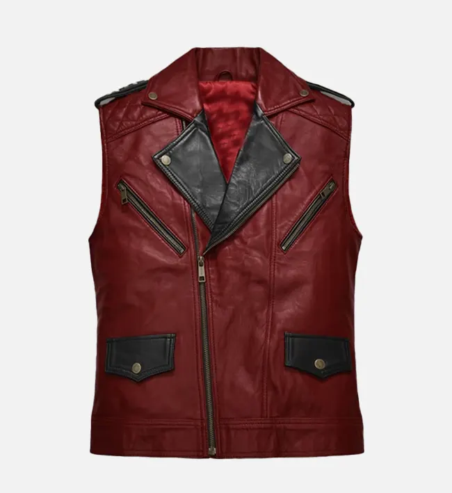 Men Red And Black Leather Vest