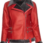 Women Red Faux Leather Grey Shearling Jacket