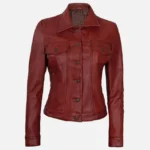 Women Red Leather Trucker Jacket