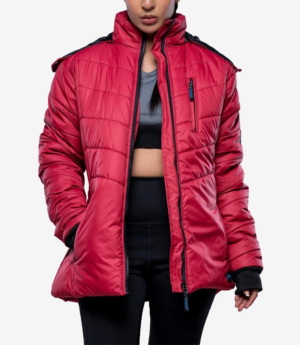 Womens Red Hooded Puffer Jacket – Faux Fur Trim