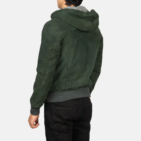 Men Green Hooded Suede Bomber Jacket
