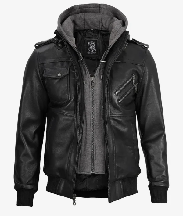 Men Tall Black Bomber Leather Jacket With Removable Hood