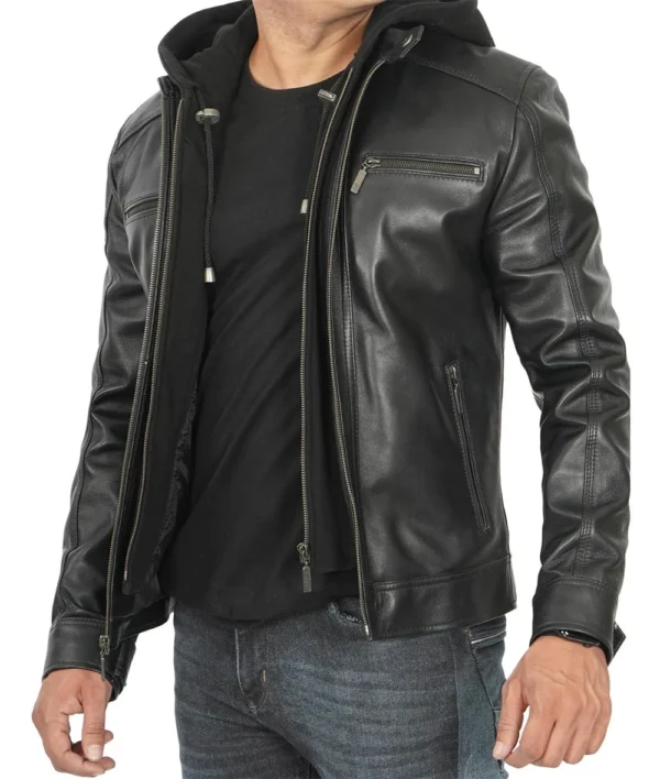 Mens Tall Black Leather Racer Jacket With Removable Hoodie