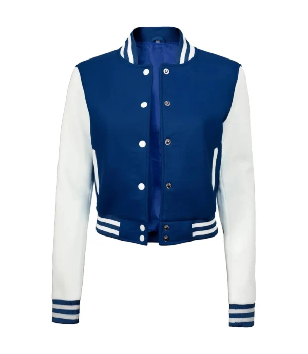 Women Royal Blue & White Cropped Varsity Jacket