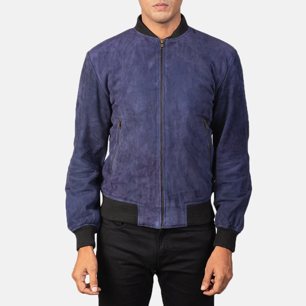 Men Shane Blue Suede Bomber Jacket