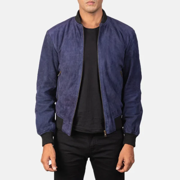 Men Shane Blue Suede Bomber Jacket