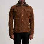 Mens Brown Suede Shearling Trucker Jacket