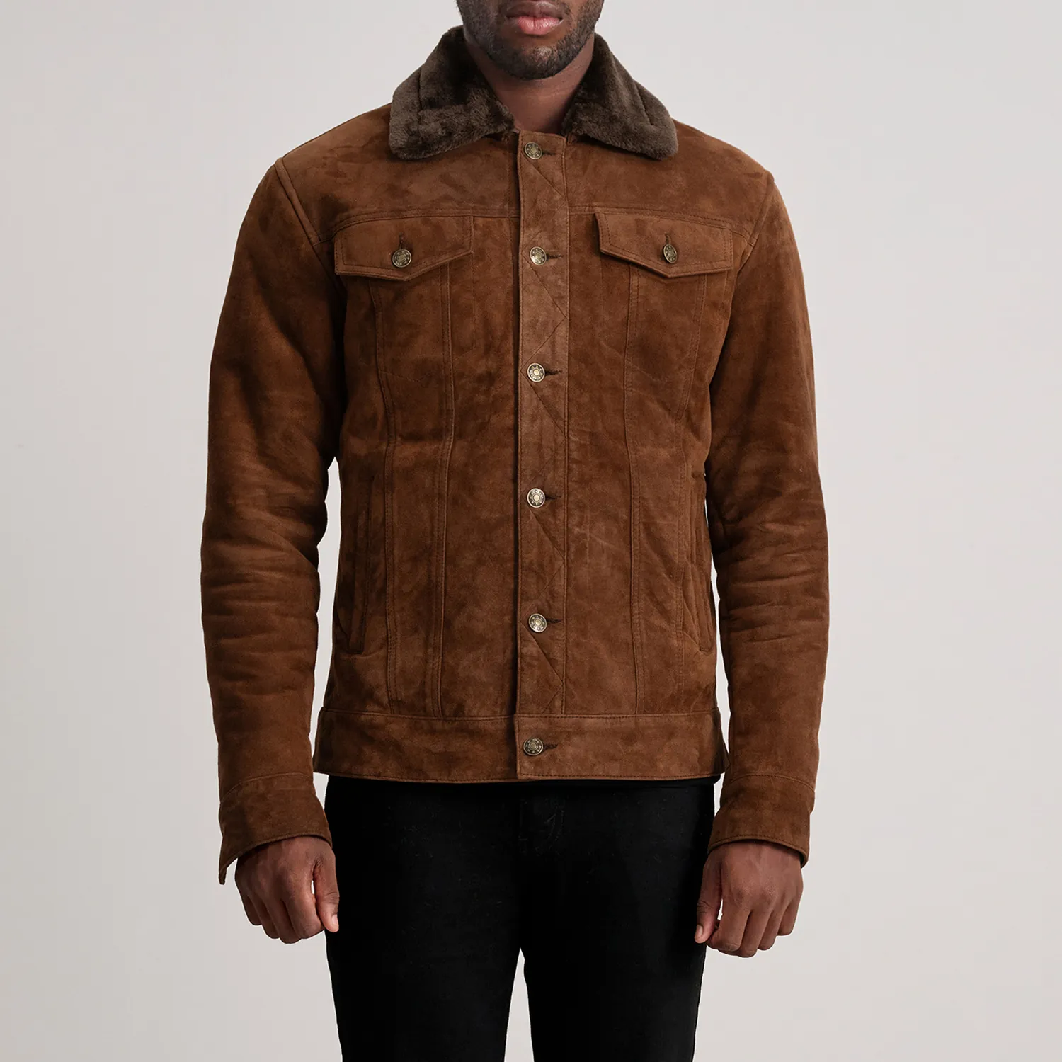 Mens Brown Suede Shearling Trucker Jacket