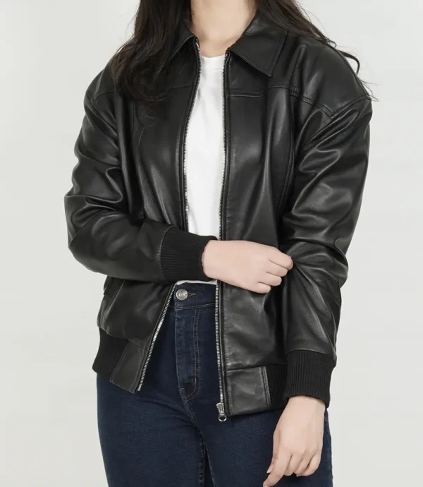 Women Shirt Collar Oversized Bomber Leather Jacket