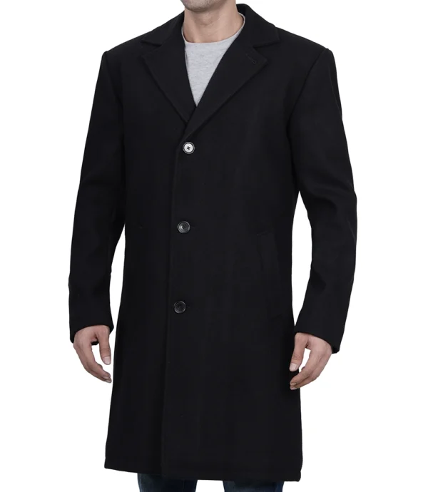 Mens Single Breasted Black Wool Coat
