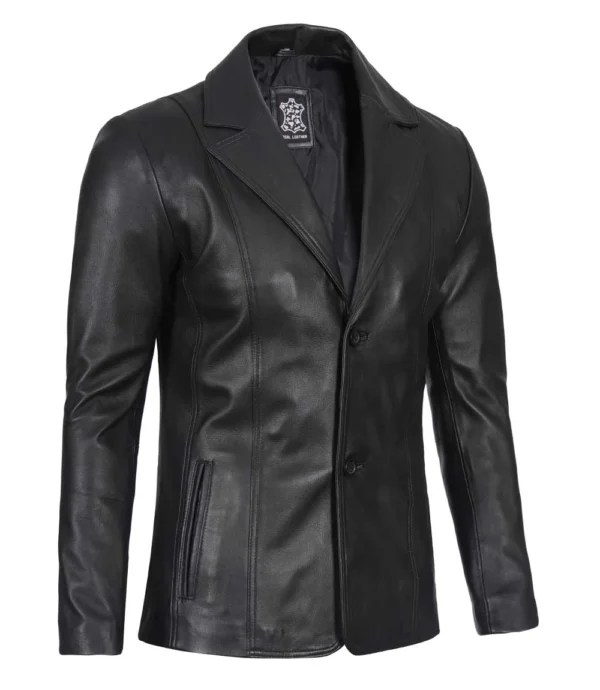Men Two Button Black Leather Blazer