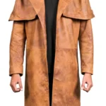 Men Light Snuff Brown Leather Duster Coat