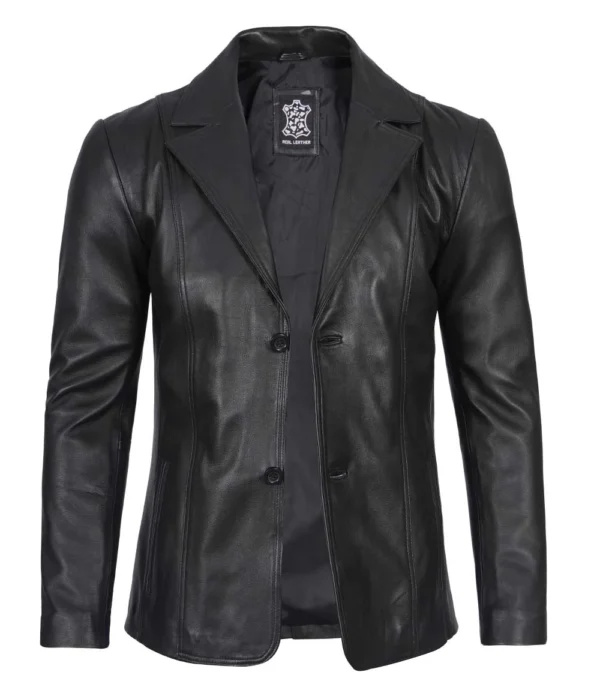 Men Two Button Black Leather Blazer