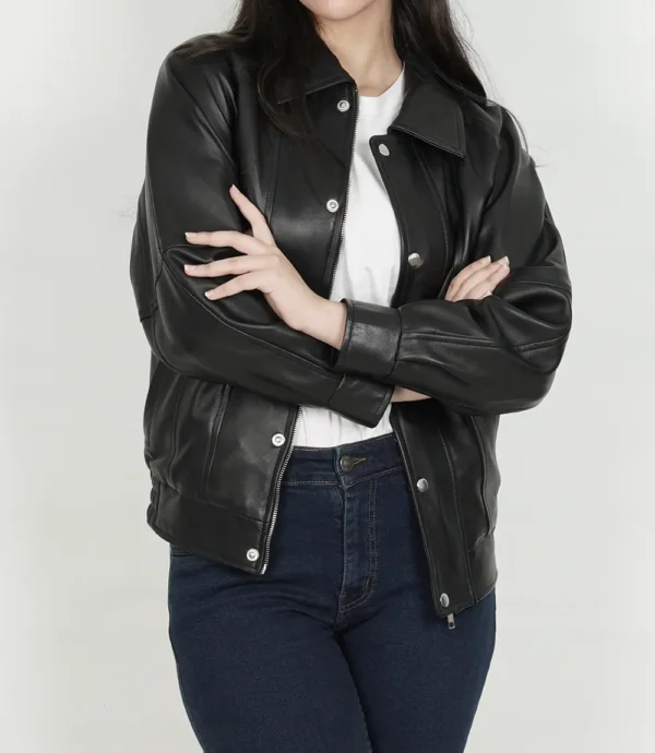 Women Black Oversized Bomber Leather Jacket